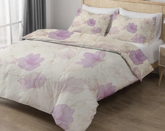Purple Floral Duvet Cover Set – Lilac Magnolia Botanical Bedding with Pillowcases (Twin/Full/Queen/King)