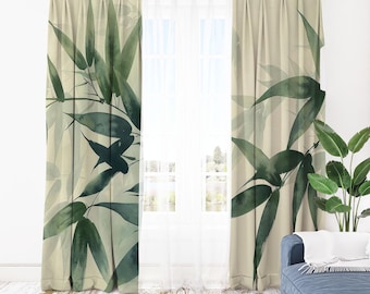 Watercolor Bamboo Blackout Curtains – Custom Size, 1 or 2 Panels, Green Leaf Zen Drapes with Grommet, Rod Pocket, or Pin Hook