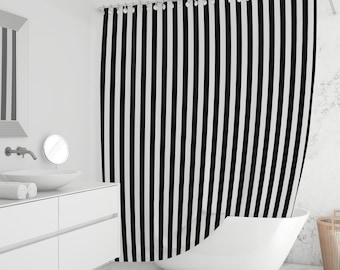 Black and White Striped Shower Curtain, Minimal Vertical Stripe Bathroom Decor, Modern Monochrome Fabric Curtain