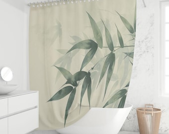 Bamboo Shower Curtain Japanese Zen Sage Green Watercolor Botanical Japandi Bathroom Decor Waterproof Fabric Custom Sizes