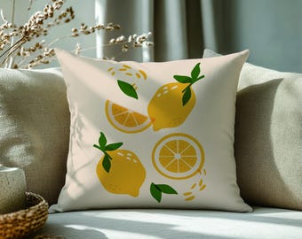 Lemon Throw Pillow Cover 18x18 20x20 Citrus Fruit Cushion Modern Mediterranean Kitchen Decor Scandi Farmhouse Yellow Insert Optional
