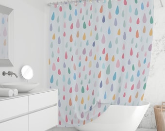 Rainbow Raindrop Shower Curtain Pastel Watercolor Drops Kids Bathroom Decor Waterproof Fabric (Custom Sizes)