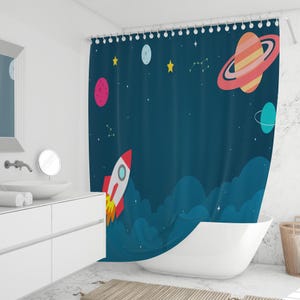 Duschdraperi med rymdraket, badrumsdekoration för yttre rymden, duschdraperi med planeter och stjärnor för barn, baddraperi med galax och barnrum, söt kosmisk raket