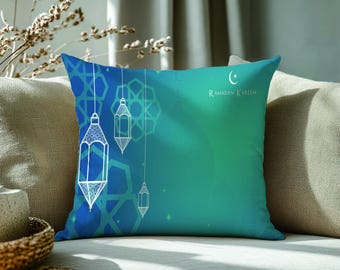 Ramadan Kareem Pillow Cover, Islamic Lantern Cushion, Blue Green Muslim Home Decor, Crescent Moon Ramadan Throw Pillow