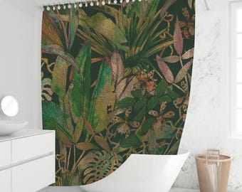 Dark Tropical Jungle Shower Curtain Green & Gold Botanical Leaves Modern Glam Bathroom Decor Waterproof Fabric Custom Sizes