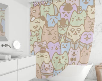 Kawaii Cat Shower Curtain - Pastel Cartoon Cats, Cute Kids Bathroom Decor, Colorful Fabric Curtain, Custom Sizes