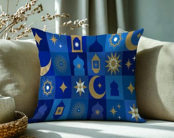 Ramadan Pattern Pillow Cover, Eid Mubarak Islamic Cushion, Blue Gold Lantern & Crescent Moon Throw Pillow, Muslim Home Decor