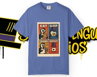 Eat Sleep Squawk Repeat T-Shirt: Retro Cartoon Penguin, Garment-Dyed Cotton