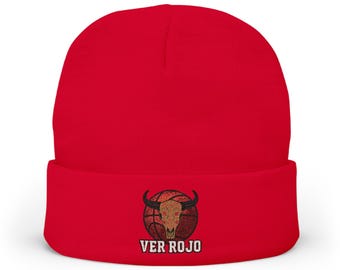 Ver Rojo Chicago Bulls Inspired Embroidered Beanie, Red Bull Skull Knit Hat