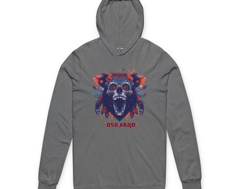Oso Abajo Hoodie Tee,  Bear Skull Day of the Dead Long Sleeve,  Lightweight Tribal Graphic Hoodie