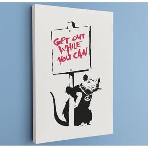 Banksy Peace Rat Canvas, &#39;Get Out While You Can&#39; Famous Street Art Print, Modern Graffiti Wall Art for a Thought-Provoking Home Decor