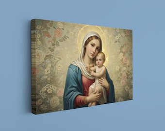 Virgin Mary and Baby Jesus Canvas, Sacred Religious Wall Art, Christian Holy Mother Poster for Faith Home Decor