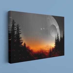 May include: Canvas art print featuring a dramatic space scene. A large, spherical space station dominates the sky above a silhouetted forest and fiery sunset. Two small spacecraft are visible. The artwork is mounted on a black frame.