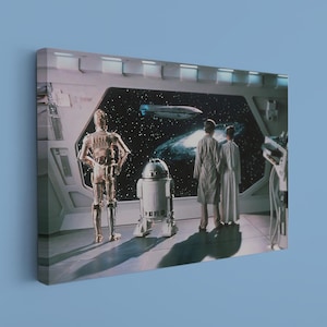 Sci-Fi Space Galaxy Wall Art - Robot Droids Canvas Print, Interstellar View Cinema Decor - Cosmic Adventure Starship Window Large Poster