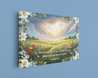 Jeremiah 29:11 Floral Bible Verse Canvas, Hope and Future Christian Wall Art, Faithful Home Decor