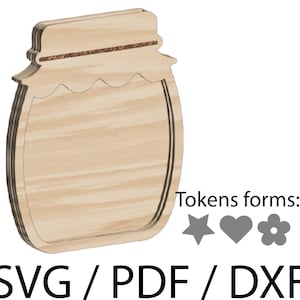 Op de afbeelding: Houten uitgesneden potvorm met een deksel, met een licht houtnerfpatroon. De pot heeft een golvend randontwerp. Tekst onderaan luidt "SVG / PDF / DXF". Naast de pot staan ster-, hart- en bloemvormen.