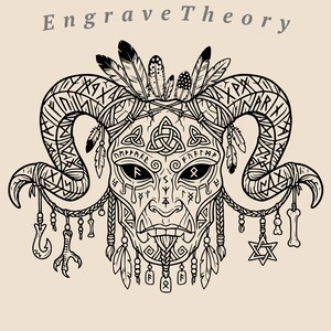 May include: A black and white line art illustration featuring a horned creature mask adorned with feathers, braids, and various hanging charms including a fishhook, a bird foot, and a star. The text EngraveTheory appears at the top.
