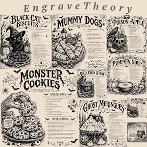 Könnte beinhalten: Ein beigefarbener Stoff mit schwarzen Tintenillustrationen von Halloween-Rezepten mit den Titeln Black Cat Biscuits, Mummy Dogs, Poison Apple, Pumpkin Soup, Monster Cookies, Skeleton Stew, Ghost Meringues, Vampire Punch und Witch's Brew.
