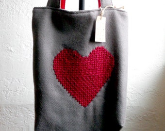 Heart Embroidered Tote Bag