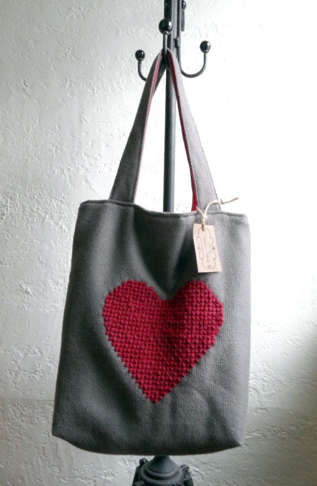 Heart Embroidered Tote Bag - Etsy