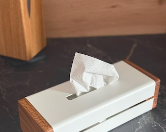 Överdrag till näsduksask i metall och trä, näsduksask i trä, vit servetthållare med naturlig ek, modern badrumsinredning, handdukshållare