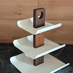 Multi Tier Fruit Stand Modern Kitchen Counter Organizer Wooden and White Serving Tray for Fruit Snacks Desserts