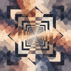 Pode incluir: Impressão de arte geométrica abstrata com um design simétrico de quadrados repetidos e um efeito de túnel central. A paleta de cores inclui tons de castanho, bege e azul marinho, com um fundo nublado e texturizado. A obra de arte tem uma estética moderna de ilusão de ótica.