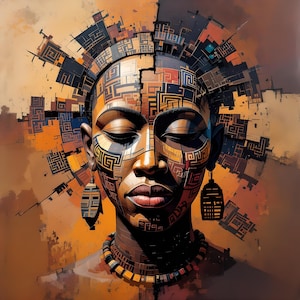 May include: Digital art portrait of a person with closed eyes, adorned with geometric patterns on the face and head. The artwork features warm tones of brown, orange, and black, with intricate details in the earrings and necklace.