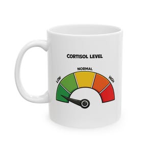 May include: White ceramic mug with a black handle. The mug features a gauge design with the words "Cortisol Level" above a meter that reads "Low," "Normal," and "High" with corresponding green, yellow, and red sections.