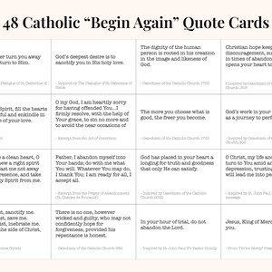May include: A set of 48 Catholic "Begin Again" quote cards. Each card features a different quote, with the title and source of the quote. The cards are arranged in a grid format on a cream-colored background.