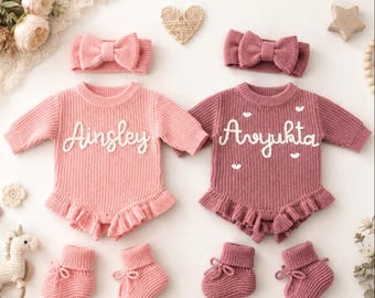 Personalized Name Knit Baby Romper Set, Hand Crocheted Cotton Newborn Outfit for Girls
