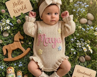 Personalized Baby Girl Romper Set • Custom Hand-Embroidered Newborn Outfit • Thoughtful Keepsake Baby Gift