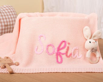 Personalized Crochet Baby Blanket - Handmade Embroidered Organic Cotton Keepsake