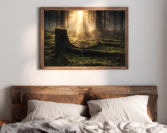 Mystical forest with sunbeams – Mossy forest floor & tree stump poster, nature photography, forest decor, spiritual wall art