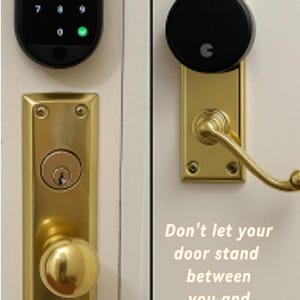 May include: Two door locks are shown, one a black keypad, the other a traditional gold-coloured lock with a knob and handle. The text reads: "Don't let your door stand between you and the City..."