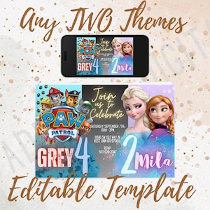 EDITABLE Paw Patrol/Frozen Party Invitation, Party Invite, Party, Birthday Party, Childrens Birthday, Joint Birthday Party, Birthday, Joint