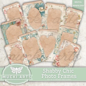 Könnte beinhalten: Eine Sammlung von zehn Shabby Chic-Fotorahmen in verschiedenen Formen, darunter ovale und herzförmige Designs. Die Rahmen weisen florale und Vintage-Muster in Blau-, Rosa- und Beigetönen auf. Der Text "Shabby Chic Photo Frames" ist sichtbar.