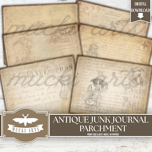 Könnte beinhalten: Eine Sammlung von sechs rechteckigen digitalen Papieren mit gealterten Pergamenttexturen, Vintage-Typografie, kursiver Handschrift und historischen Illustrationen, darunter eine Figur mit Regenschirm und der Text Paris 1889.