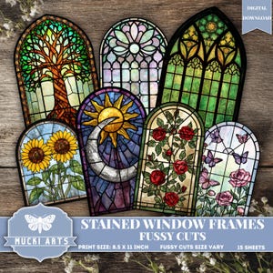 Könnte beinhalten: Eine Sammlung von Ausschnitten aus Buntglasfenstern. Designs umfassen einen Baum, florale Muster, Sonnenblumen, eine Sonne und einen Mond, Rosen und Schmetterlinge. Der Text "STAINED WINDOW FRAMES FUSSY CUTS" ist sichtbar.