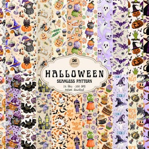 Könnte beinhalten: Eine Sammlung von 26 nahtlosen digitalen Mustern mit Halloween-Motiven wie Kürbissen, Geistern, schwarzen Katzen, Fledermäusen, Hexen und Süßigkeiten. Das zentrale Etikett lautet HALLOWEEN SEAMLESS PATTERN 26 files 300 DPI instant download.