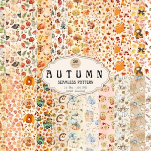 Könnte beinhalten: Eine Sammlung von 26 nahtlosen digitalen Mustern mit herbstlichen Illustrationen wie Kürbissen, Pilzen, Eichhörnchen, Igeln, Pullovern und Herbstlaub. Das zentrale Etikett zeigt 26 pieces AUTUMN SEAMLESS PATTERN 26 files 300 DPI instant download.
