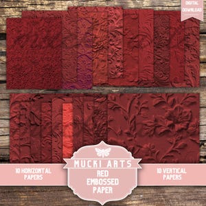 Könnte beinhalten: Eine Sammlung roter, geprägter Papiere mit floralen und botanischen Designs. Die Papiere sind in horizontalen und vertikalen Stapeln angeordnet. Das Bild enthält den Text "Mucki Arts Red Embossed Paper" und "Digital Download".