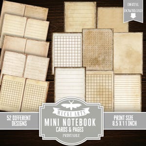 Könnte beinhalten: Eine Sammlung von 52 druckbaren Mini-Notizbuchseiten und Karten mit Texturen aus gealtertem Papier. Die Designs umfassen linierte, karierte und gepunktete Muster. Der Text lautet DIGITAL DOWNLOAD, 52 DIFFERENT DESIGNS und PRINT SIZE 8.5 X 11 INCH.