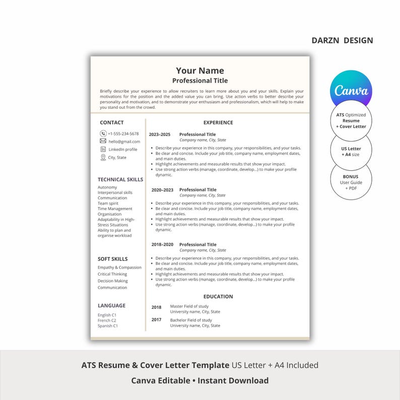 Professional ATS Resume Template & Cover Letter | U.S. Job Application ...