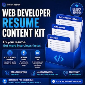 Inhoudsopgave voor een cv van een webontwikkelaar | Bibliotheek met opsommingstekens, actiewerkwoorden en vaardighedenlijst | ATS-geoptimaliseerde handleiding voor een ontwikkelaar op middenniveau