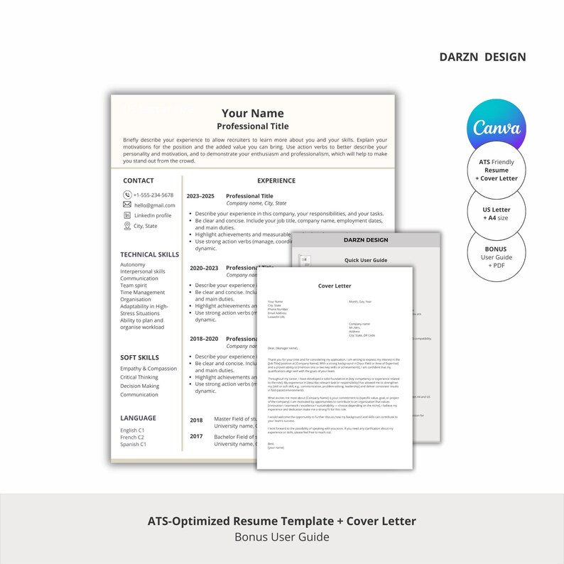 Professional ATS Resume Template & Cover Letter | U.S. Job Application ...