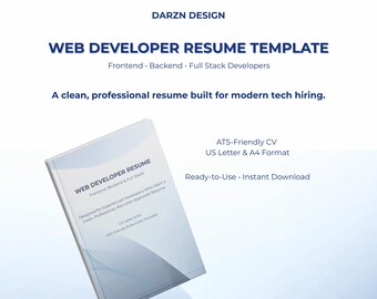 Web Developer Resume Template | ATS Friendly Developer CV | Frontend Backend Full Stack Resume | US Letter & A4 | Canva Editable