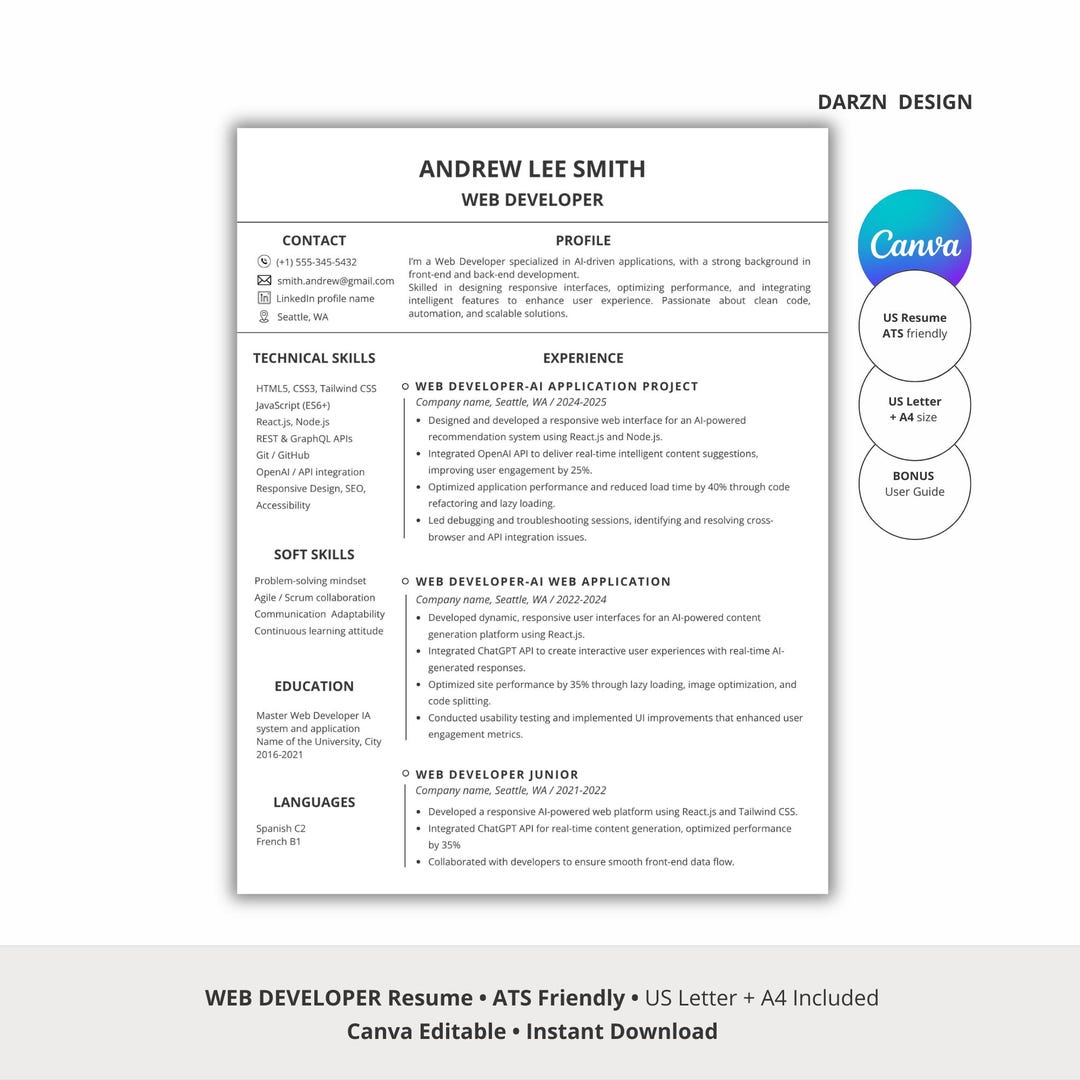 Web Developer Resume Template | Ats-friendly US Resume | Software ...