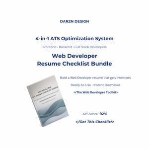 Peut inclure: Un ensemble de listes de contrôle de CV de développeur Web avec le texte "Web Developer Resume Checklist Bundle" et "4-in-1 ATS Optimization System". La couverture est blanche avec des accents bleus et gris. Le texte "Build a Web Developer resume that gets interviews" est également visible.