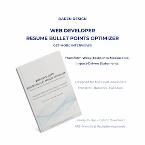 Op de afbeelding: Een wit boek met de titel "WEB DEVELOPER RESUME BULLET POINTS OPTIMIZER" met blauwe tekst en een blauw ontwerp. Het boek is ontworpen voor mid-level developers en belooft meer sollicitatiegesprekken te krijgen.
